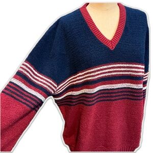 VINTAGE 70s sporty Campus stripe v neck‎ knit sweater textured terrycloth preppy